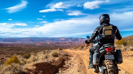 Obraz premium A biker in the open field with a blue sky