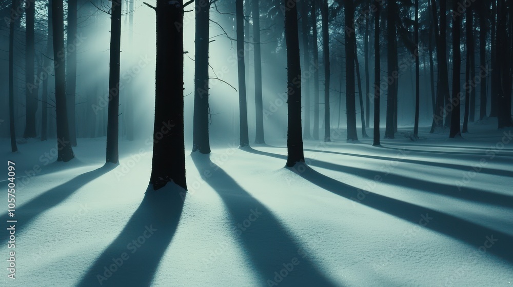 Poster sunlight filters through misty forest, casting long shadows on softly falling snow, creating serene 