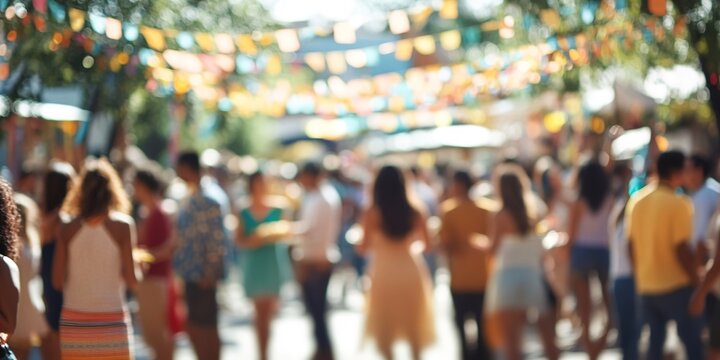Blurred crowd at festive event with colorful bunting