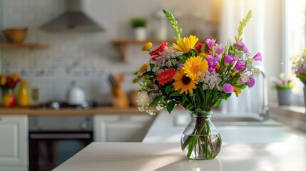 Fototapeta premium Vibrant flower bouquet on kitchen counter table in modern white kitchen for Mother's Day with copy space.