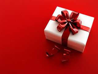 Elegant white gift box tied with a red ribbon isolated on a solid red background