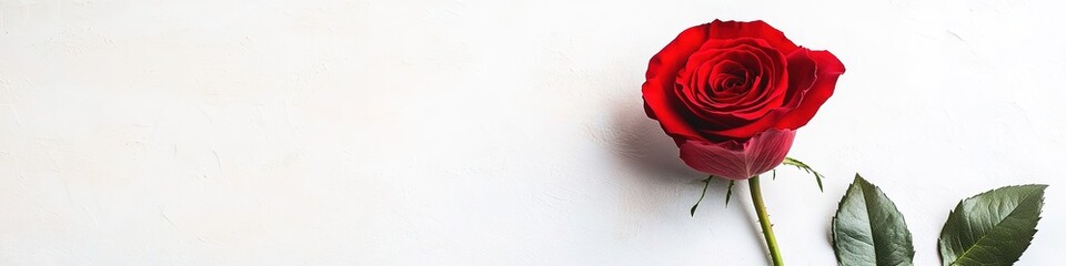 Red rose on white background with space for text
