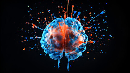 Fototapeta premium Human brain with colorful paint splashes on black background head human mental idea mind , human brain explodes with imagination and beautiful colors Human brain on digital background