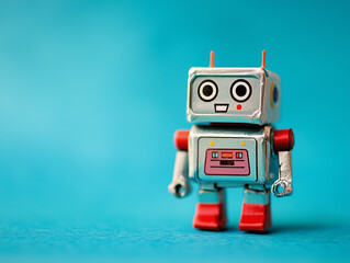 Fototapeta premium Retro robot toy on a solid blue background isolated for a playful display