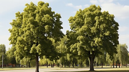 A vibrant row of trees stands tall against a backdrop of a clear blue sky, showcasing their lush green foliage and creating a serene and peaceful atmosphere.