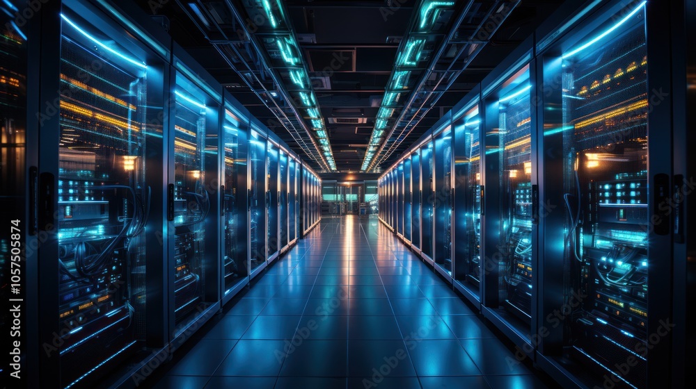 Poster a futuristic data center with illuminated server racks and a sleek, modern design.