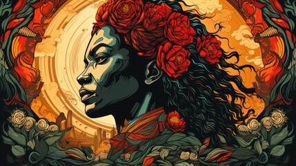 A vibrant portrait of a woman adorned with roses, symbolizing beauty and strength.