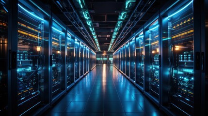 A futuristic data center with illuminated server racks and a sleek, modern design.
