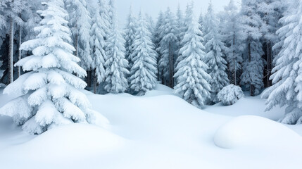 Fototapeta premium Snow-covered evergreen trees in a tranquil winter landscape with deep snow layers and a serene atmosphere
