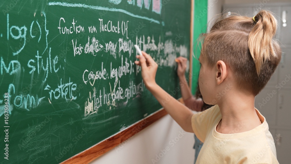 Poster diverse student studying coding engineering prompt while writing answer on blackboard. intelligence 