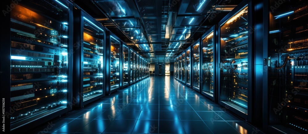 Aufkleber a futuristic data center with illuminated server racks and reflective flooring.