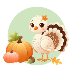 Vector illustration of Thanksgiving turkey with pumpkins, acorn, and autumn leaves in soft pastel colors