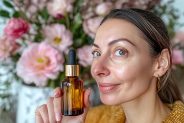 Fototapeta premium woman with flowers in the background. She has good skin, a joyful experience 