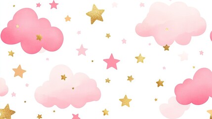 Shiny pink clouds and gold stars create a captivating graphic that celebrates love and family. This design is ideal for backgrounds, wallpaper, prints, and various creative ideas.