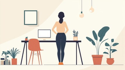 Fototapeta premium Businesswoman standing up from her desk, stretching her back, modern office environment, ergonomic lifestyle