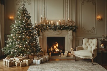 Obraz premium Cozy Living Room Decorated for Christmas with Elegant Fireplace, Tall Green Tree, and Warm Ambient Lighting