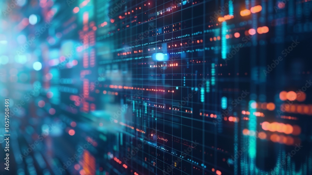 Poster abstract grid of digital data points in blue and red tones