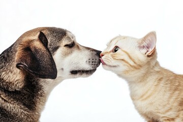 Fototapeta premium a dog and a cat kissing each other with their noses on a light background 
