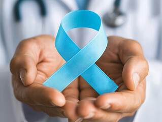 Hands holding blue ribbon symbolizing prostate cancer awareness and healthcare support, close-up of medical concept