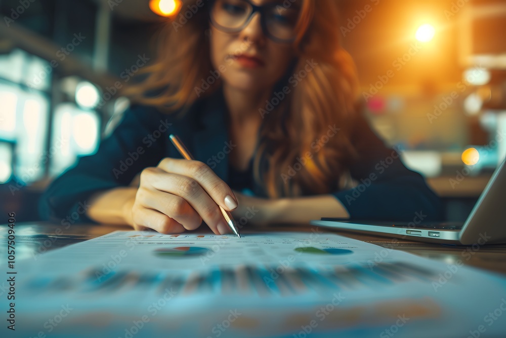 Poster focused professional analyzing data in a modern workspace