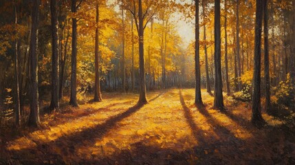 Fototapeta premium Golden autumn sunlight streams through a dense forest of maple trees, casting long shadows that enhance the richness of the autumn atmosphere. The maple trees create a stunning backdrop.