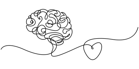 One continuous line drawing of half human brain and love heart shape logo icon. Psychological split affection logotype symbol template concept. Human brain and heart continuous one line art drawing.