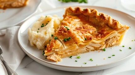 Tasty chicken pie with mashed potatoes on plate with white porcelain surface