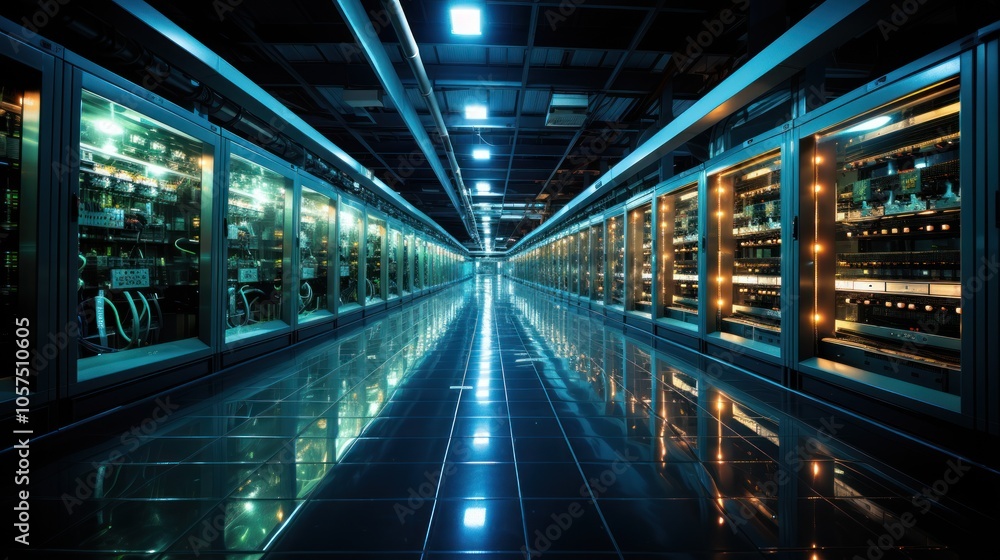 Poster a futuristic data center with illuminated server racks and reflective flooring.