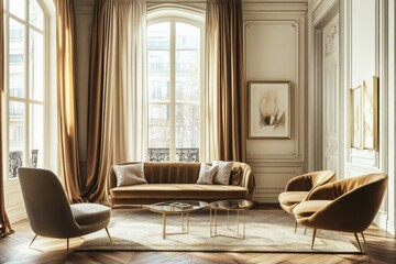 high-ceilinged room with large window