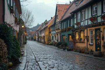 Charming German Town with Cobblestone Streets and Colorful Buildings Decorated for Christmas at Dusk