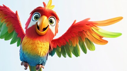 Obraz premium Cheerful cartoon parrot with a bright beak and feathers, wings flapping against a clean white background.