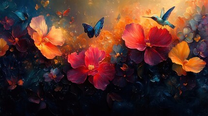 A vibrant scene with colorful flowers, butterflies, and a hummingbird in a dreamy atmosphere.
