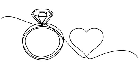Diamond Ring Continuous Line Art Illustration, Wedding rings icon, Heart Shaped Diamond Ring, Wedding Line Icon, Ring design, Two wedding bands, close up, Wedding Ring Continuous Line Icon