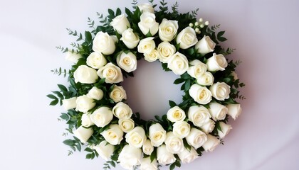 Funeral wreath of white roses and greenery, softly arranged in a circular shape, creating calm and respectful atmosphere