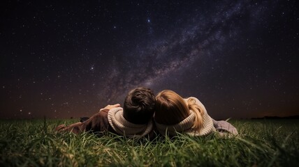 Romantic scene of couple under starry sky, bright star points enhancing quiet and mysterious atmosphere