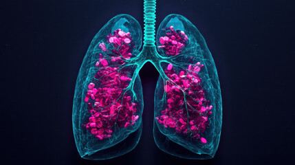 Transparent lungs filled with neon medication, showcasing vibrant colors
