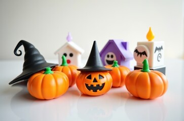 Halloween holiday toy pumpkins, toy caps, toy graves, toy candles,