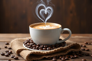 Steaming cup of coffee with heart latte art surrounded by coffee beans
