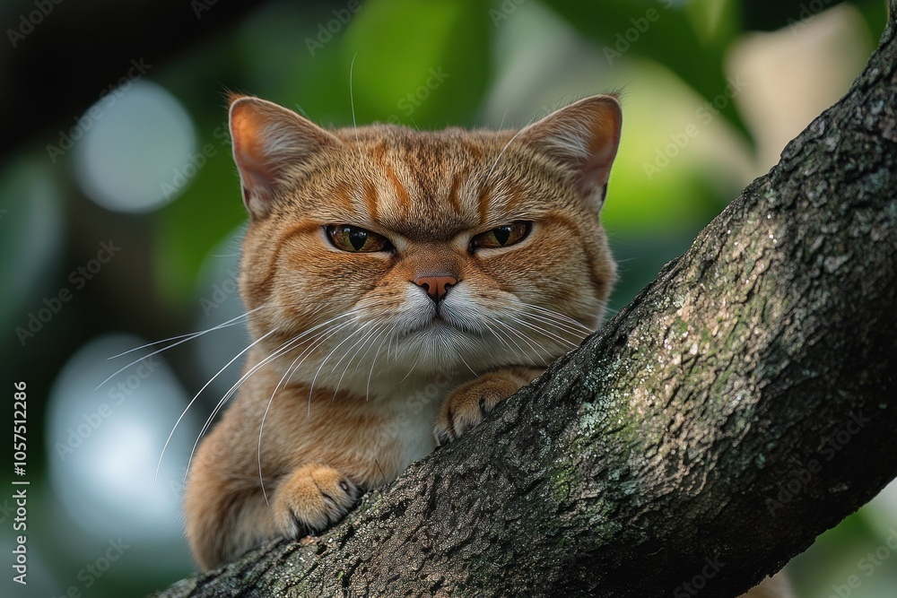 Poster a close-up of a grumpy-looking cat perched on a tree branch.