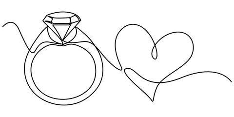 Diamond Ring Continuous Line Art Illustration, Wedding rings icon, Heart Shaped Diamond Ring, Wedding Line Icon, Ring design, Two wedding bands, close up, Wedding Ring Continuous Line Icon