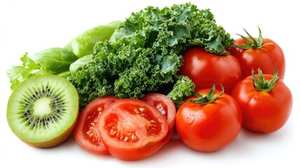 Collection of fruits and vegetables high in vitamins, including kiwi, tomatoes, and kale, placed on white paper with a fresh, clean look.