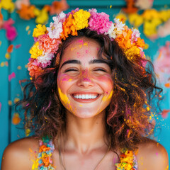 Obraz premium Joyful Young Woman Celebrating with Colorful Flowers