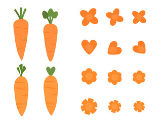 Set of carrot with green leaves logo signs, flower shaped carrot and heart shaped carrot icon set isolated on white background vector. 