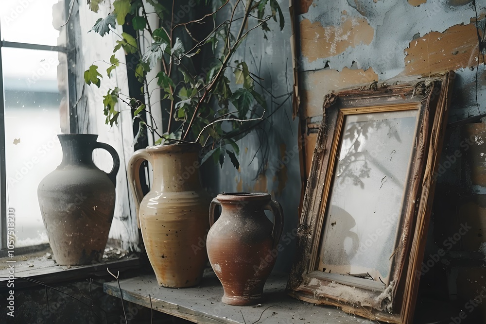 Poster rustic still life with vintage vases and an empty frame by a window