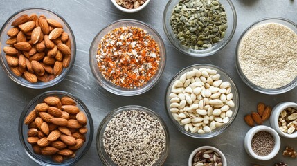 Display of various high-fat options, including nuts, seeds, and fatty fish, on a neat kitchen surface, ideal for balanced diet concepts.