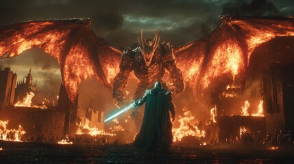 A lone warrior faces a fiery dragon amidst a burning city