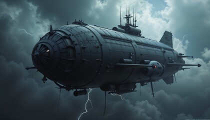 Obraz premium Dark Steampunk Military Airship Flying Through Stormy Skies