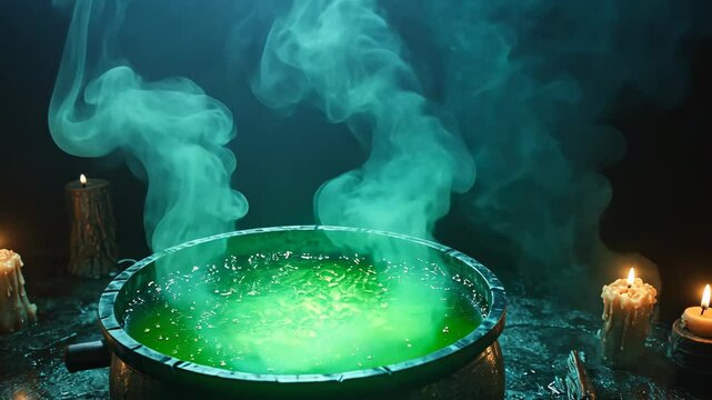 Mysterious green potion cauldron with candlelit atmosphere