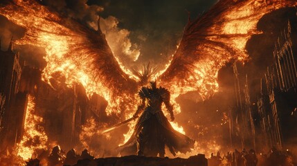 A fiery warrior with wings of flames stands amidst a burning cityscape