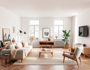 Fototapeta premium living room with a couch, chair, coffee table, and television